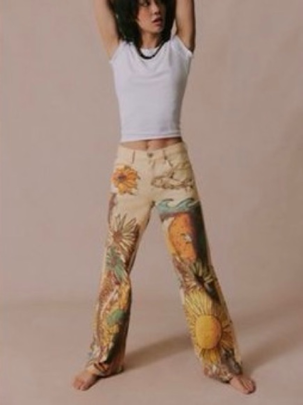 Free People: We The Free Cream Wide-Leg Jeans Floral Jean - Picture 4 of 4